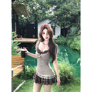 收腰设计感裙子罩衫 真两件纯欲蕾丝连衣裙女夏季 纯欲