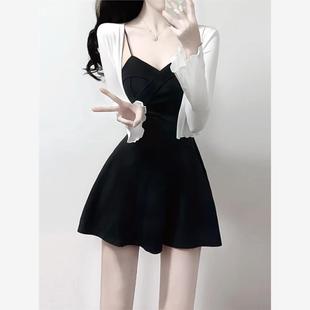 法式 两件套设计感收腰a字连衣裙女 吊带裙套装 小黑裙御姐气质开衫