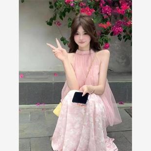 小众设计感粉色甜美温柔中长款 桃桃少女 法式 2025夏季 连衣裙 新款