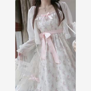 法式 兩件套 百搭防曬開衫 超仙甜美蝴蝶結(jié)碎花吊帶連衣裙女夏日新款
