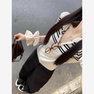 小个子v领短款 白色条纹polo衫 修身 冰丝针织短袖 上衣 正肩t恤女夏季