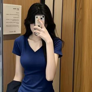 遮肉上衣韩版 藏蓝色新款 t恤女V领修身 正肩纯棉夏季 ins少女潮 短袖