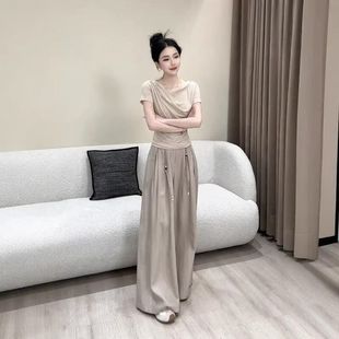 上衣搭高腰显瘦阔腿裤 时尚 褶皱短袖 休闲两件套装 新款 2025夏季 韩版