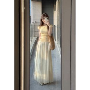 甜美套装 圆领短袖 2025新款 修身 高腰百褶半身裙两件套 针织衫 女夏季