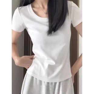 休闲纯色小众上衣 纯棉白色U领正肩短袖 夏季 修身 T恤简约百搭基础款