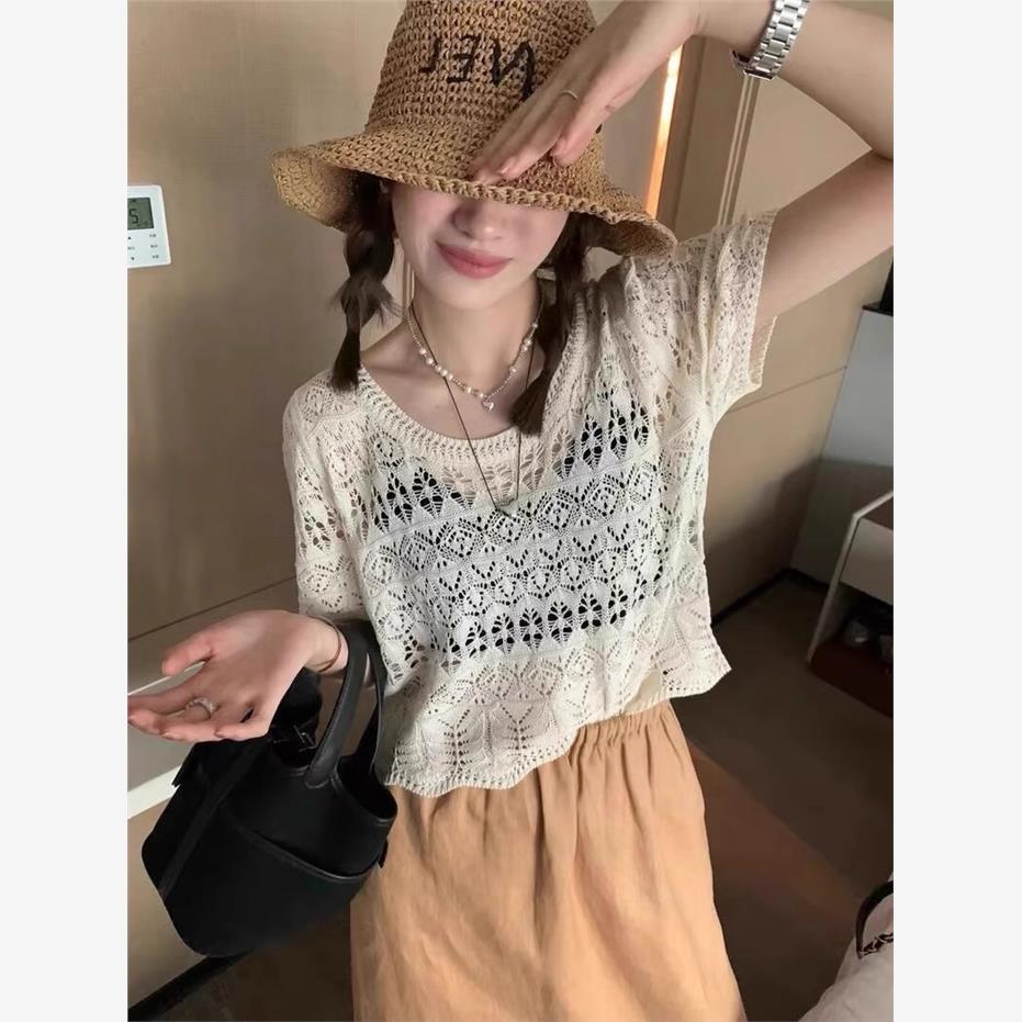 镂空钩花短袖女夏季薄款针织衫2025新款空调衫搭配吊带裙上衣罩衫