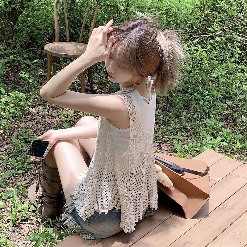 海边泰式热辣镂空上衣女夏外穿针织吊带背心两件套小坎肩外搭罩衫