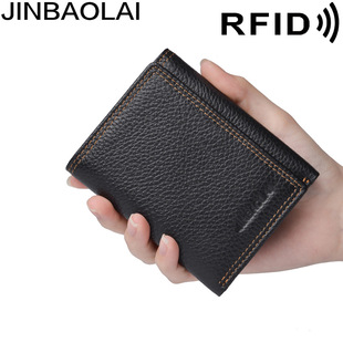 wallet 防盗刷三折牛皮男士 leather JINBAOLAI真皮防磁rfid 钱包