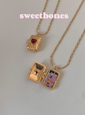 sweetbones可以打开的爱心锆石相册盒子项链复古ins金色