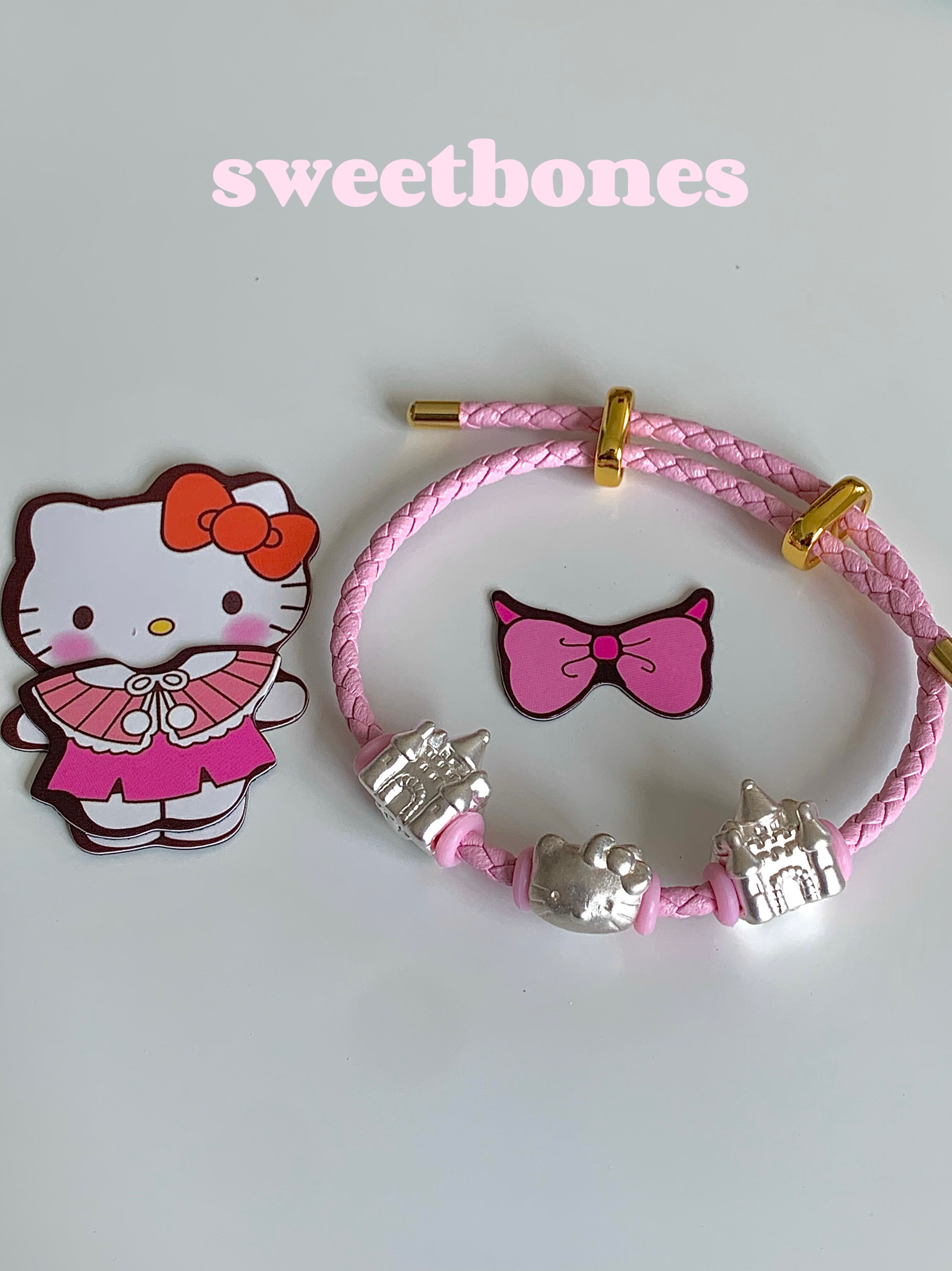 sweetbones粉色纯银s925kt猫粉色皮绳手绳ins