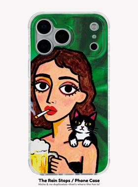 〈啤酒和猫〉可爱女人简笔肖像镭射IMD双层小众个性新款17promax手机壳iphone1615pro14不撞款防摔保护软壳套