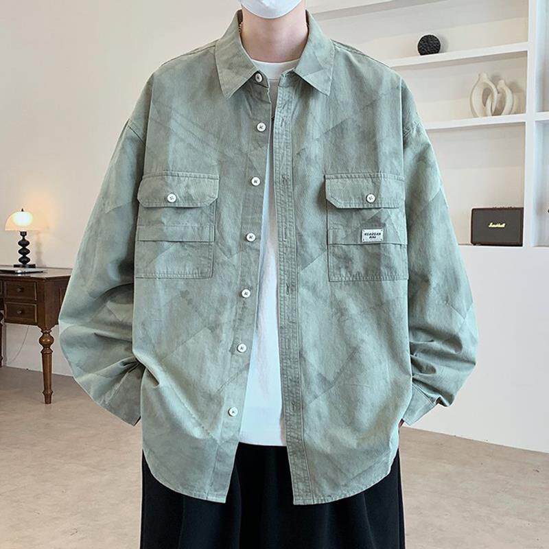 纯棉工装长袖衬衫男春秋季2026新款潮牌翻领衣服大口袋衬衣外套男