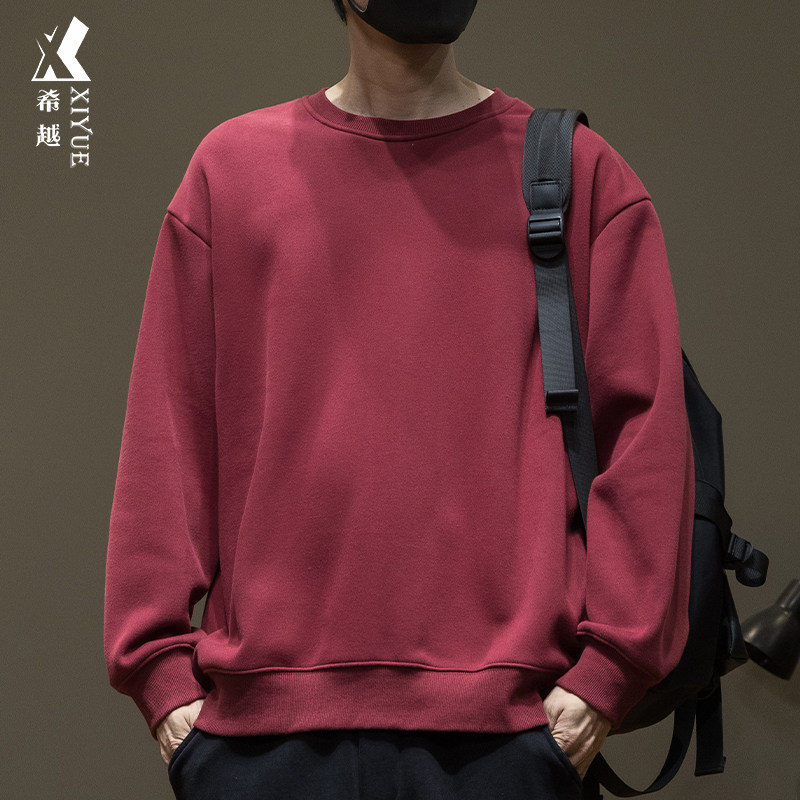 早秋新款重磅本命年红色卫衣男士大码秋冬加绒内搭纯色长袖打底衫