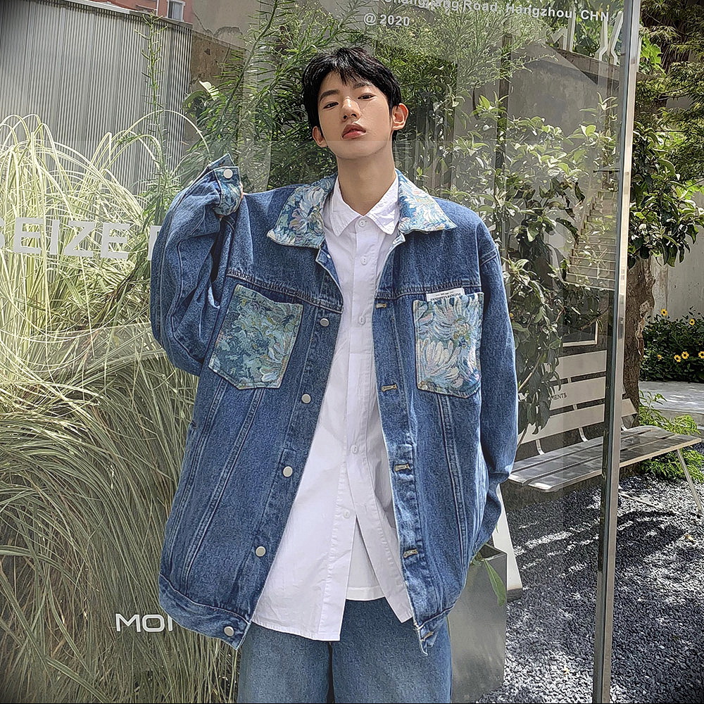 86FANG DEPT.2023春装美式宽松夹克男复古油画质感印花牛仔外套潮