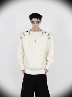 CulturE原创金属卡扣毛衣镂空设计感针织长袖 高级潮流一字领毛衫