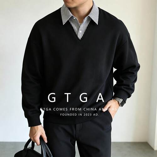【重磅棉卫衣】GTGA假两件条纹卫衣2026新款时尚百搭男商翻领卫衣