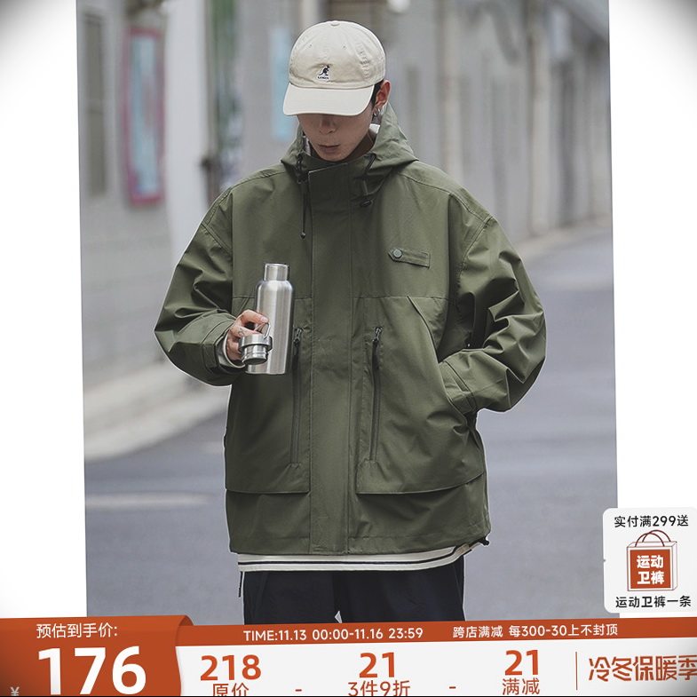 日系冲锋衣外套男2022冬季新款工装加棉夹克宽松机能棉衣男生棉服