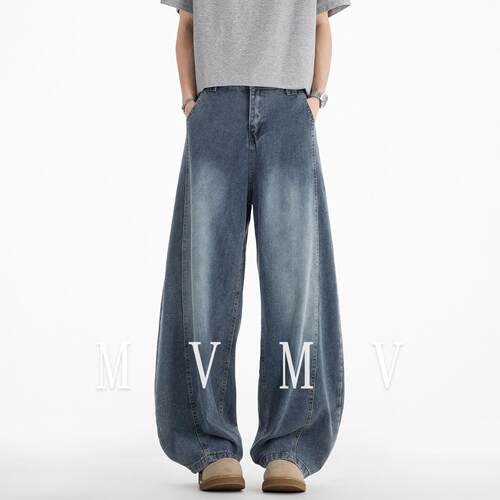 MV水洗牛仔裤男士夏季薄款美式冰丝宽松夏天弯刀裤子男生阔腿长裤