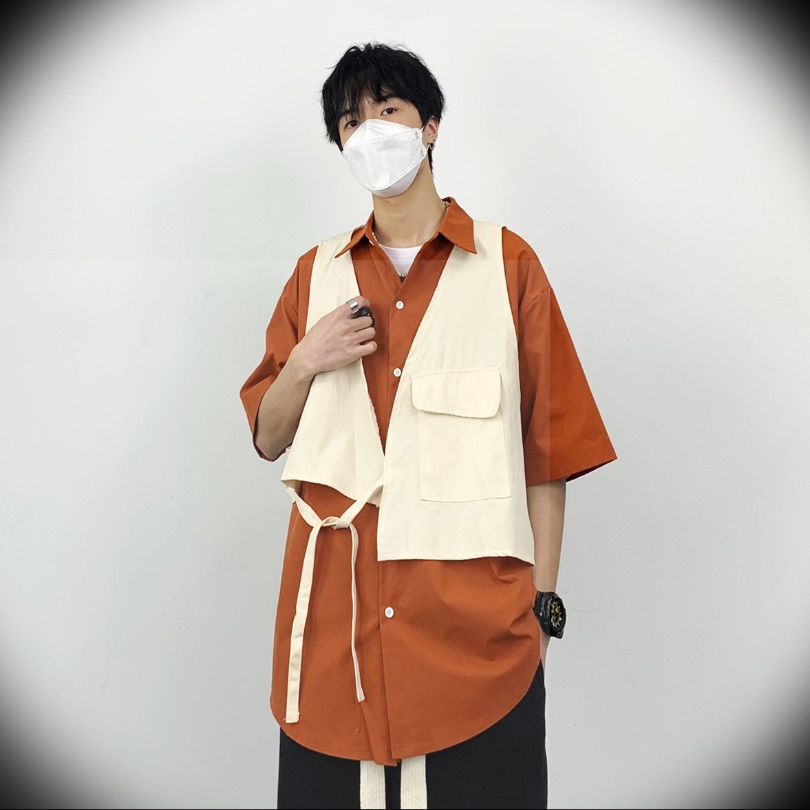 妈个鸡妈 ins嘻哈日系复古工装假两件痞帅宽松马甲短袖衬衫男女潮