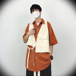 妈个鸡妈 ins嘻哈日系复古工装假两件痞帅宽松马甲短袖衬衫男女潮
