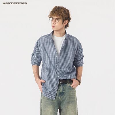 ASOT 复古蓝色格子衬衫男2026春季微宽松落肩纯棉长袖休闲衬衣女