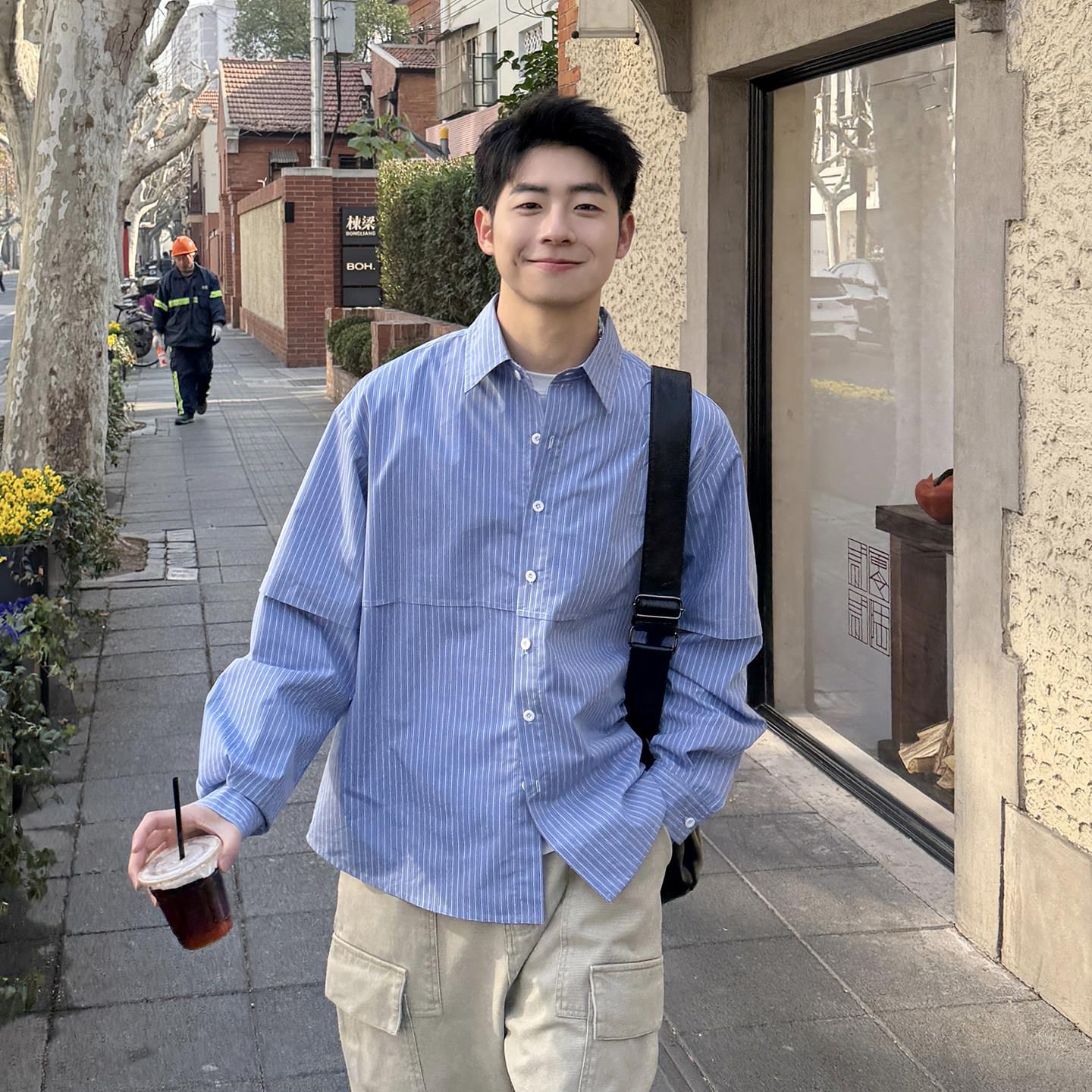 【双袖假两件】春季蓝色条纹长袖衬衫男生工装风休闲衬衣外套新款
