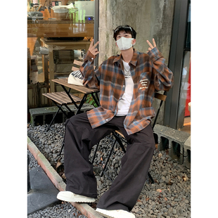 长袖格子衬衫男春秋季新款美式潮牌衬衣男款早春夏季宽松休闲外套