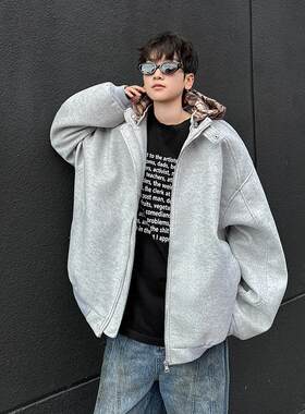 假两件格子拼接连帽棉衣男潮牌宽松冬季加厚毛呢外套夹棉呢子大衣