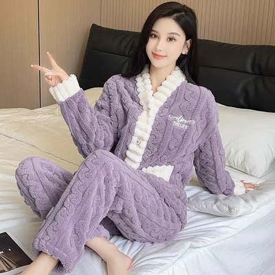 紫色字母提花珊瑚绒睡衣女秋冬季加绒加厚保暖冬季冬天大码家居