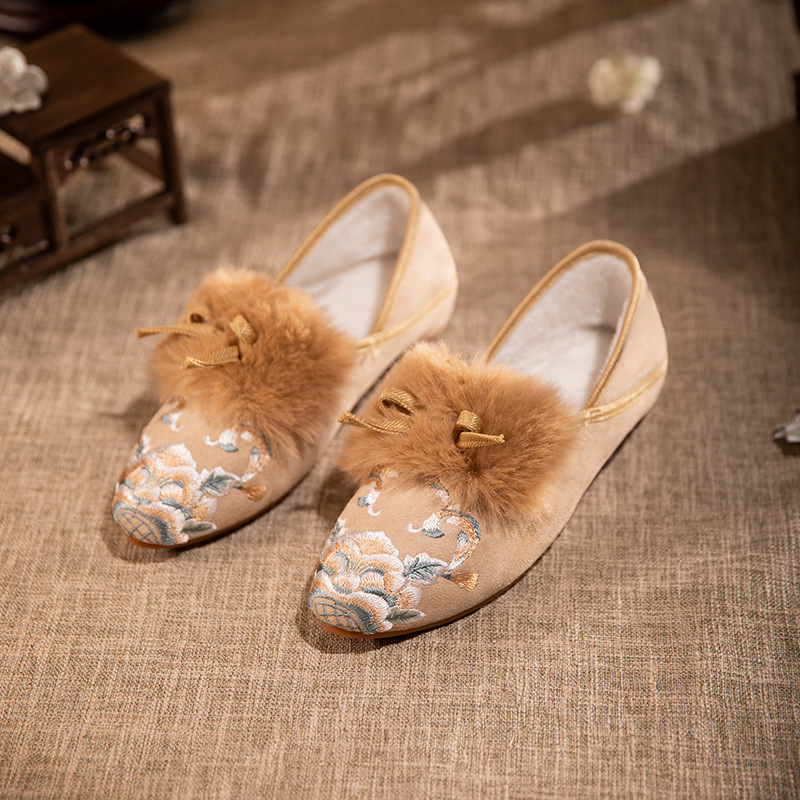 海音棉冬季刺绣加绒保暖低跟妈妈鞋舒适旗袍鞋加绒绣花鞋传统布鞋