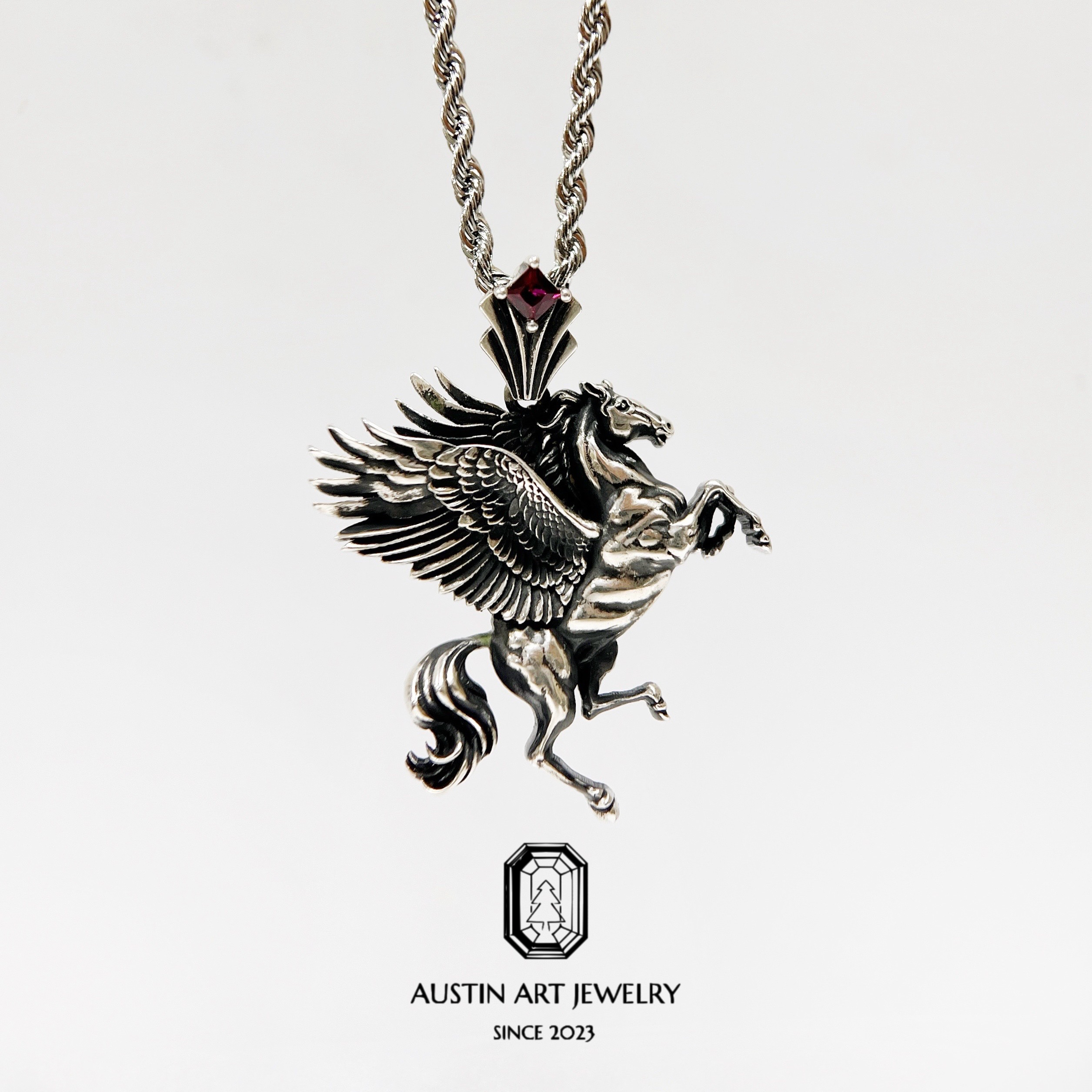 AUSTIN翱森·PEGASUS飞马吊坠 项链 中性风 培育红宝石 925银做旧