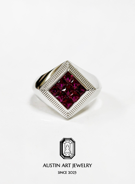 AUSTIN翱森·建筑几何风 无边镶嵌戒指 培育红宝石925银镀18K金