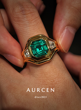 AURCEN翱森·质感绅士 重工三石款男戒 培育祖母绿 925银镀22K金
