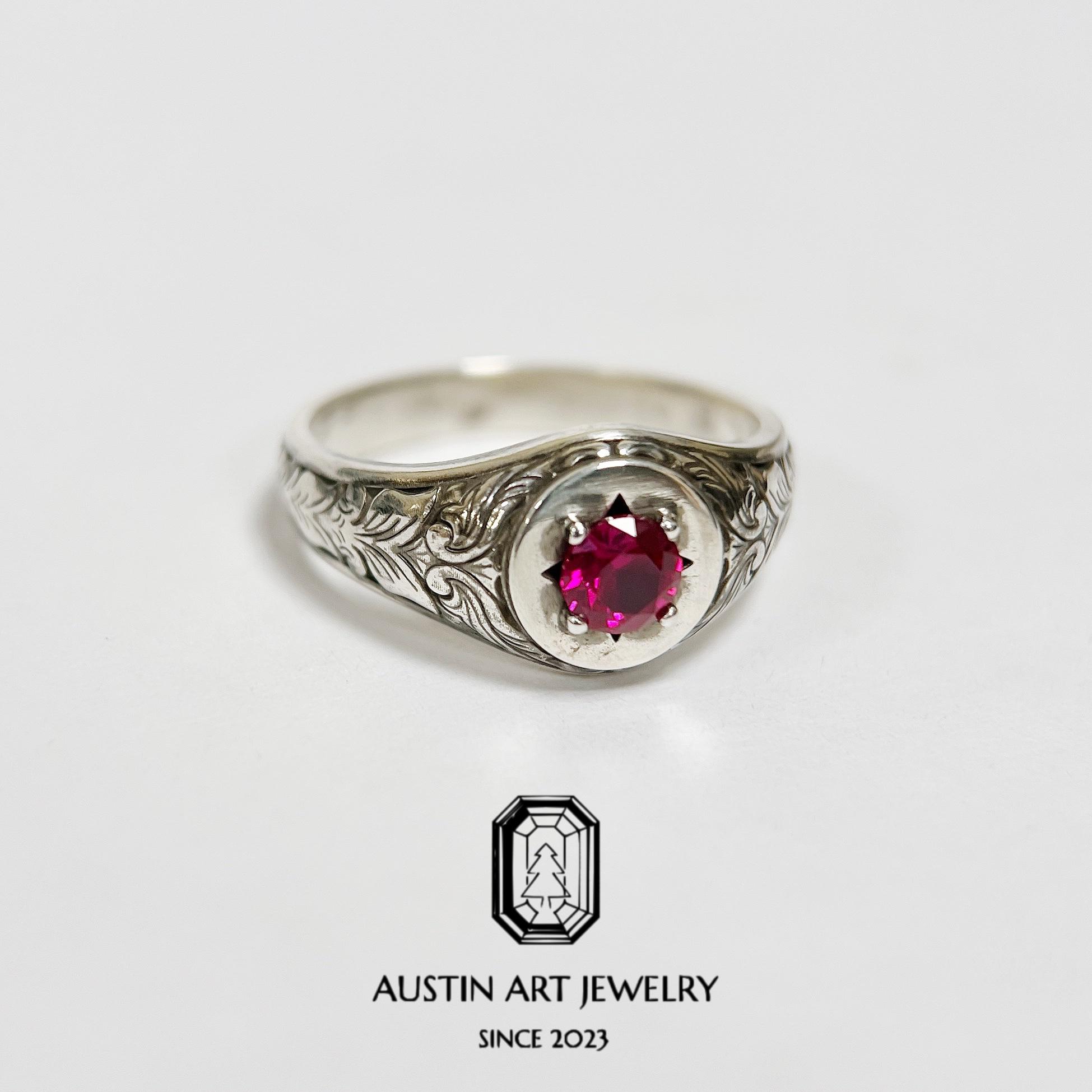 AUSTIN·复古雕金工艺 做旧风戒指男戒 中性风 培育红宝石 S925银