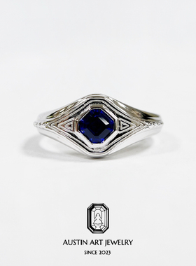 AUSTIN翱森·复古印章戒 男戒中性风 菱形培育蓝宝石银镀18K金
