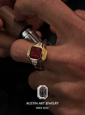 AUSTIN翱森·淬炼冒险家 三石款男戒中性风 培育红宝石 银镀18K金