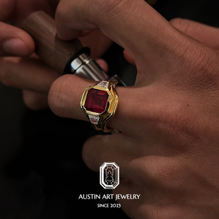 AUSTIN翱森·淬炼冒险家 三石款男戒中性风 培育红宝石 银镀18K金