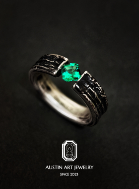 AUSTIN翱森 万物新生 张力镶嵌工艺男戒 中性风 培育祖母绿 925银