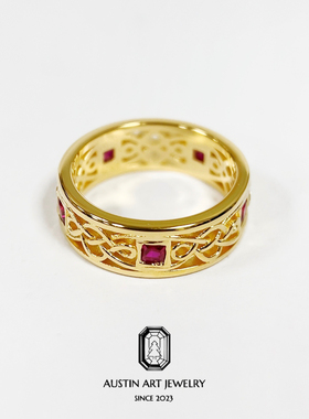 AUSTIN翱森·复古镂空中性风指环 戒指 培育红宝石925银镀18K金