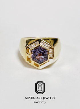 AUSTIN翱森·原创几何设计不规则男戒 培育变色蓝宝石 银镀22K金