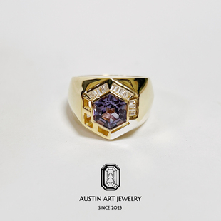 AUSTIN翱森·原创几何设计不规则男戒 培育变色蓝宝石 银镀22K金