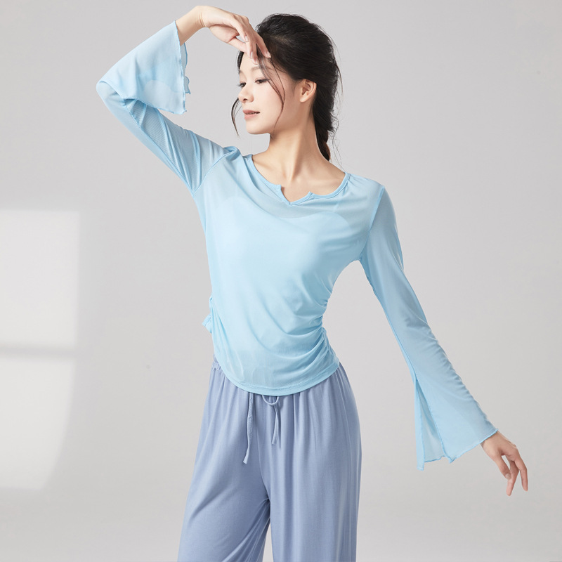 舞蹈服上衣 弹力网纱古典中国舞服薄款瑜伽罩衫显瘦V领形体练功服