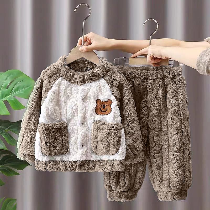 男童睡衣儿童法兰绒秋冬季加厚新款男孩家居服保暖套装宝宝珊瑚绒