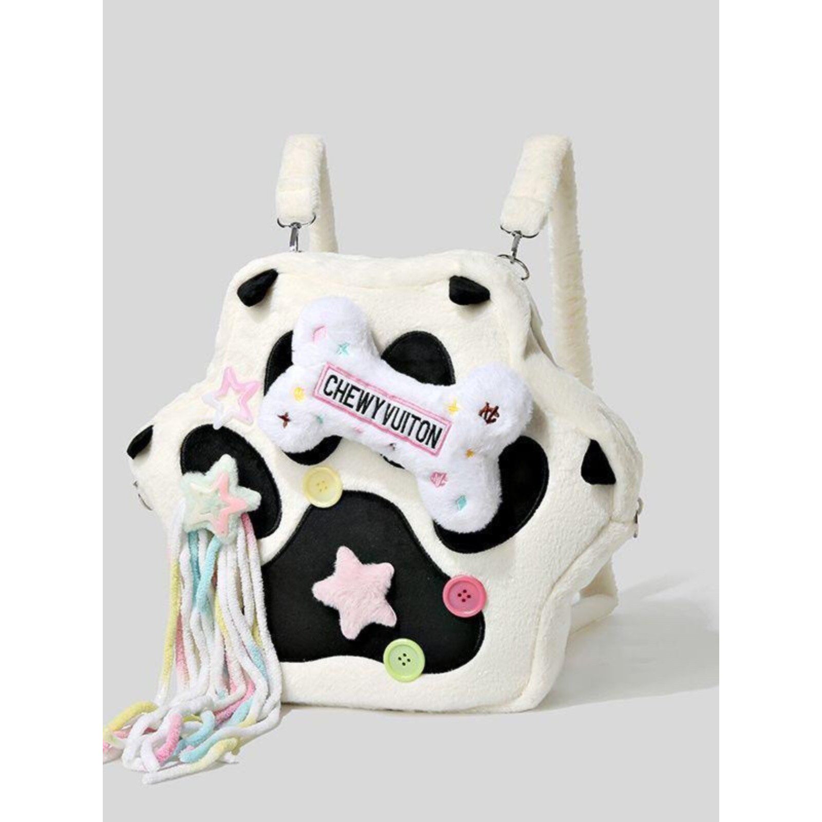 ins风双肩背包可爱少女个性Y2K六边形猫爪骨头卡通毛绒双肩包百搭