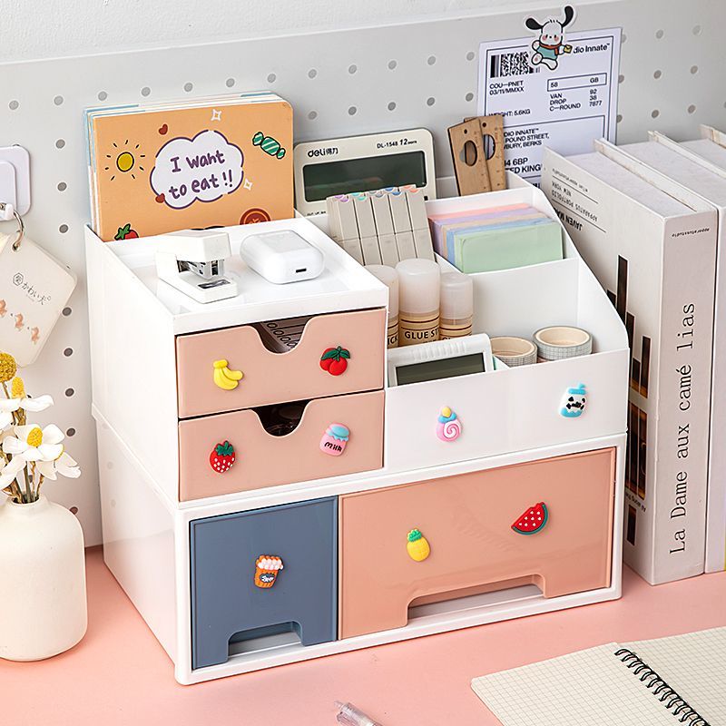 学生桌面收纳盒放笔储物盒文具整理盒书桌收纳置物架笔筒带抽屉式