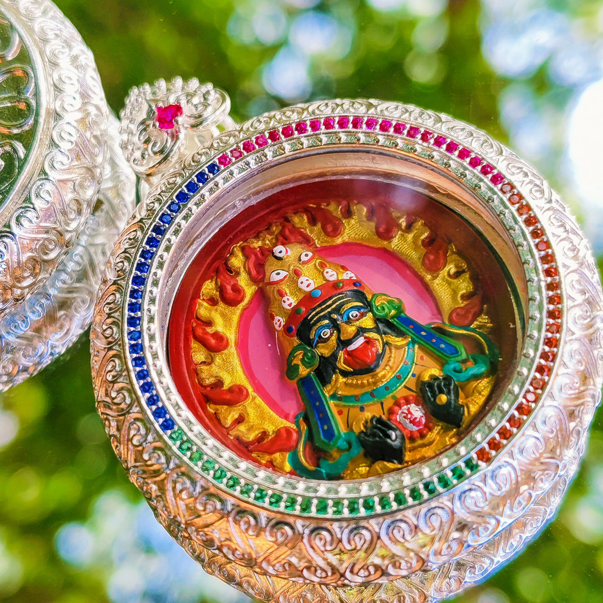 纯银吊坠双面白拉姆藏银擦擦手绘唐卡嘎乌盒扎基拉姆女财神佛牌