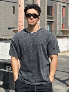 美式 棉纯色训练t恤夏季 男高街复古做旧水洗破洞半袖 健身运动短袖