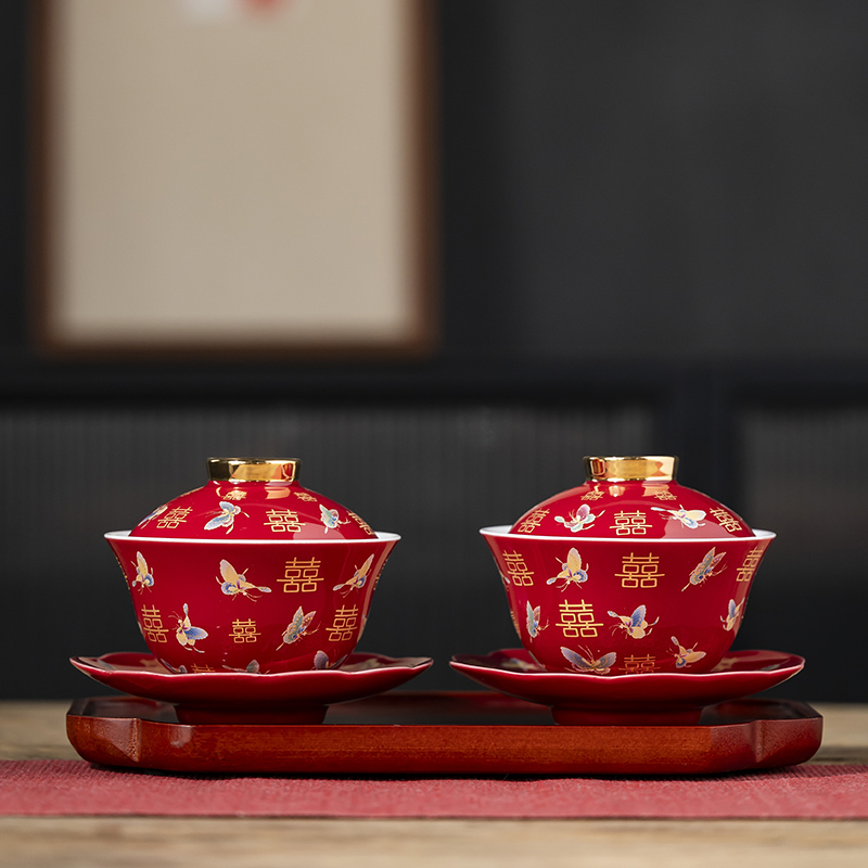 国潮原创景德镇结婚敬茶套装高档婚礼改口敬茶杯一对喜碗陪嫁用品