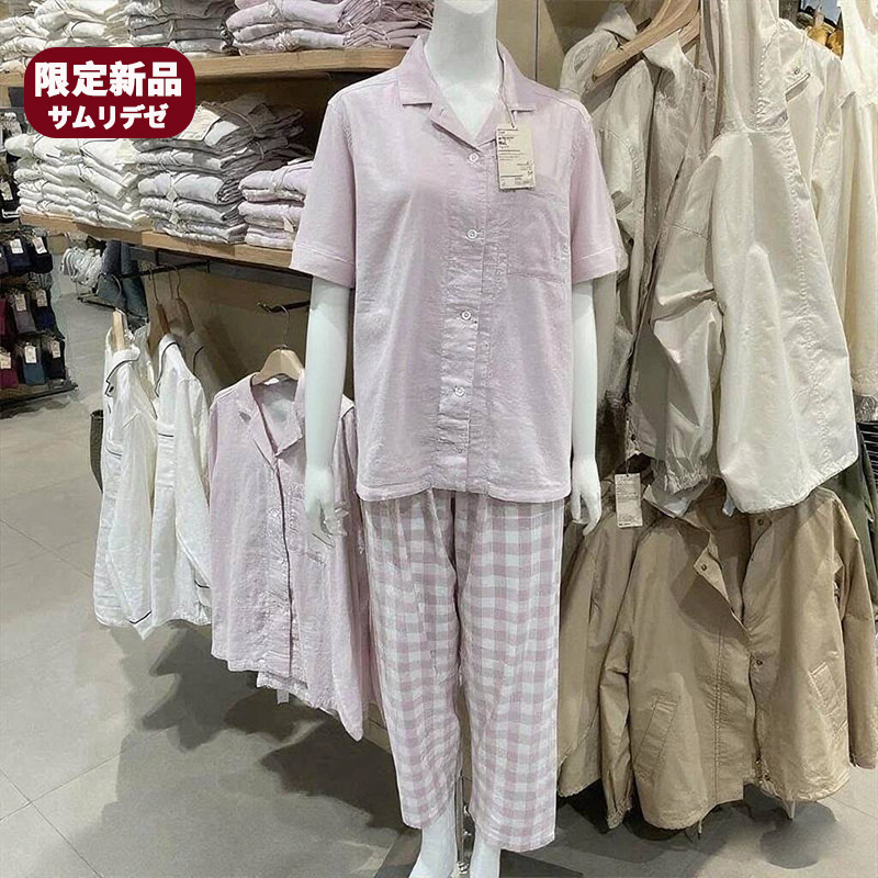 新款良品无侧缝女式双层纱织短袖睡衣套装纯棉短裤男家居服夏季
