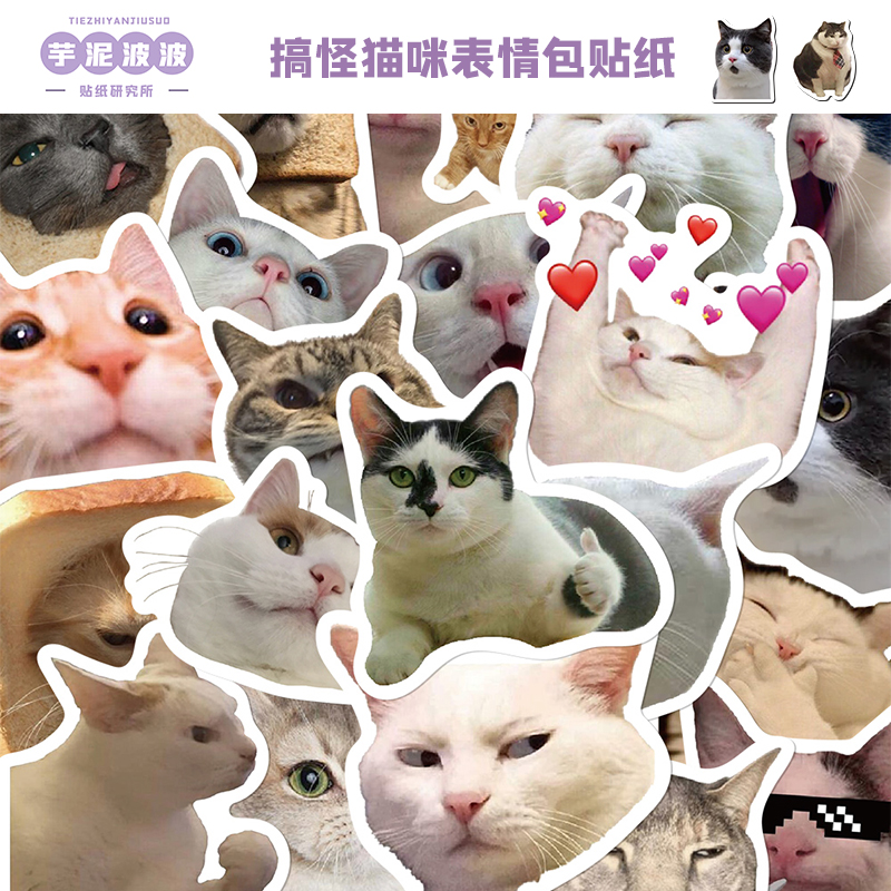 50张搞怪搞笑猫咪贴纸手账本手机壳学生桌面装饰玩具防水DIY贴画图片